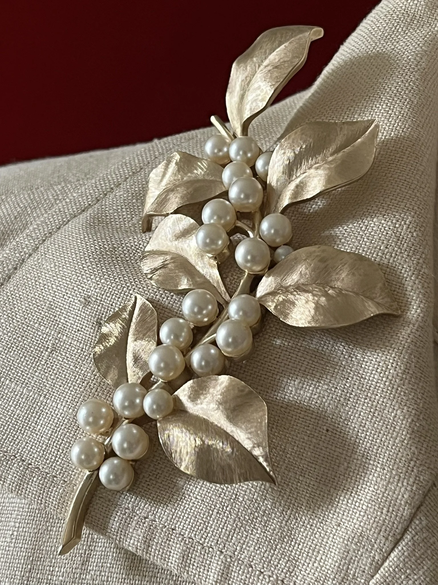 Vintage Trifari Crown Faux Pearl Leaf Branch Brooch