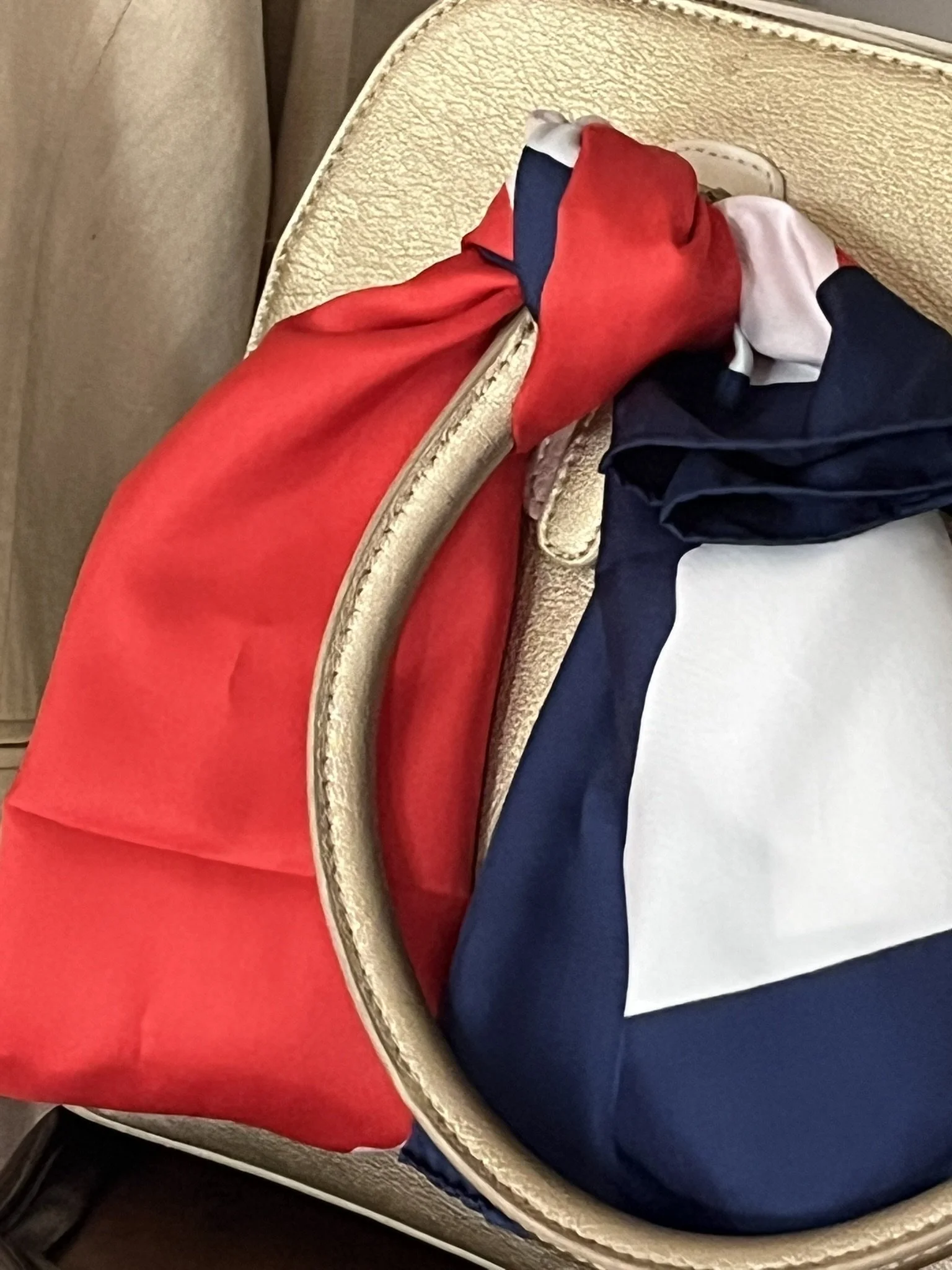 Patriotic Hand Rolled Silk Scarf Geometric Tied to Charming Charlie Gold Satchel
