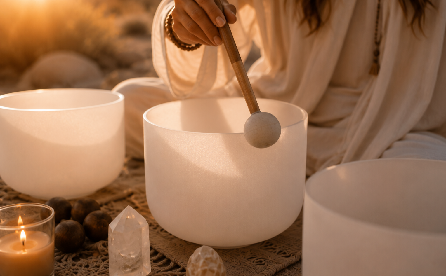 Person playing crystal singing bowls on a mat with candles and crystals nearby during sunset.