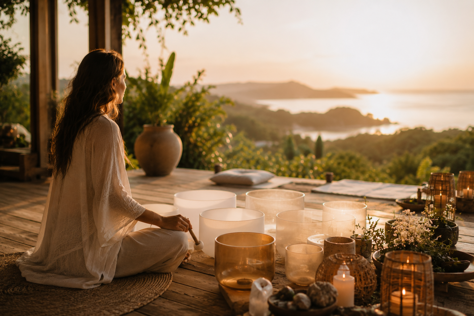 A cozy room with crystal singing bowls, candles, and soft lighting, set up for sound therapy or meditation, with a massage table and desert landscape visible outside the window.