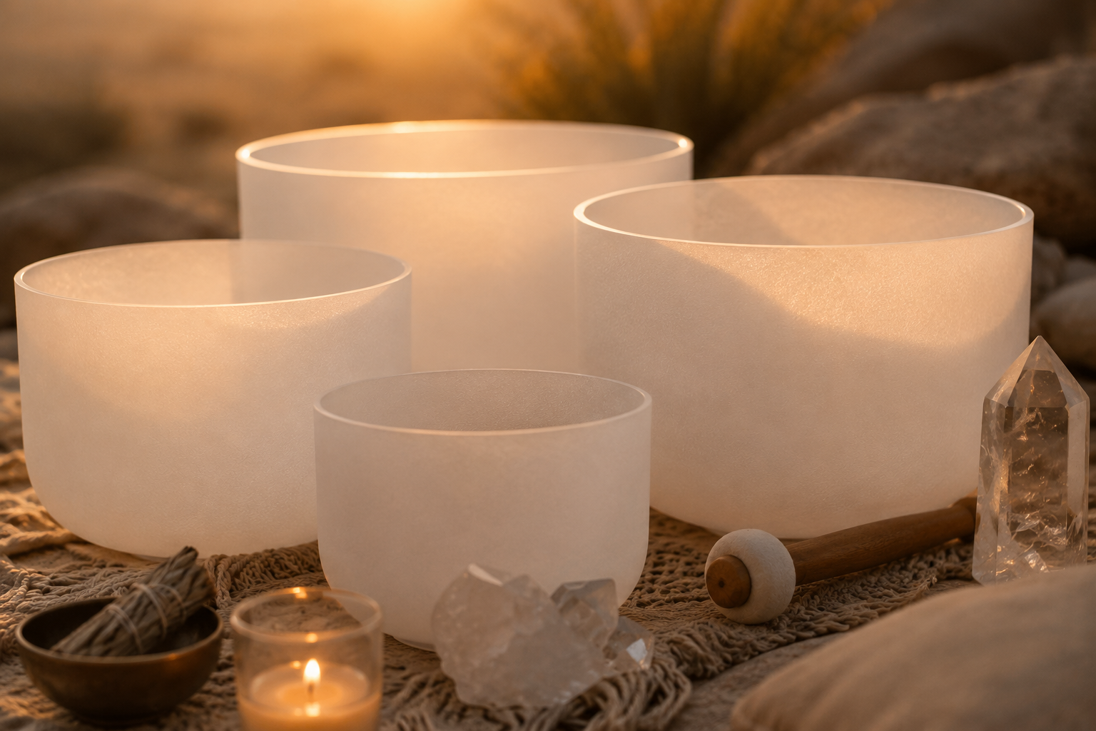Four frosted singing bowls of varying sizes placed on a woven cloth outdoors, illuminated by warm sunset light. Nearby are a crystals, a small lamp, a bowl of sage sticks, and a mallet, all arranged for meditation or sound healing.