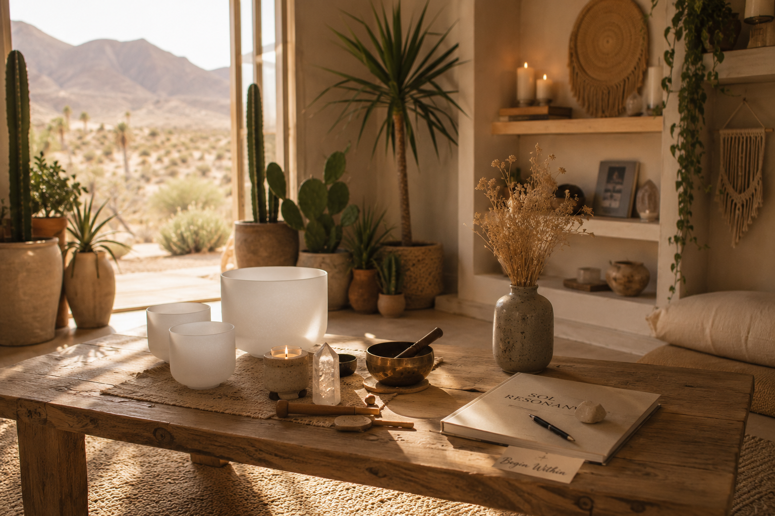 Bohemian interior with potted cacti and succulents, a wooden table with singing bowls, candles, and crystals, sunlit with desert mountains outside.