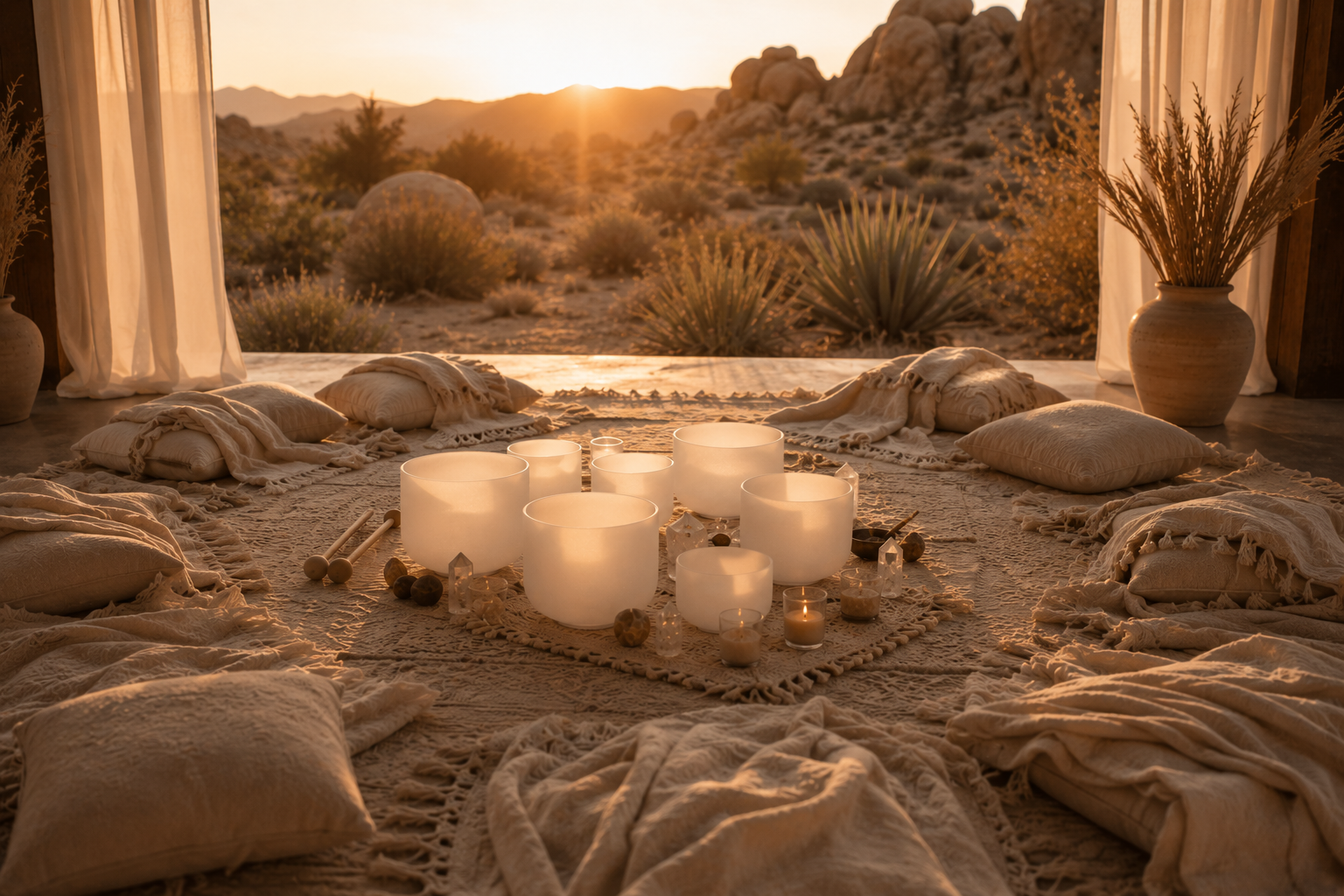Interior of a cozy tent with cushions and blankets, surrounded by desert plants and mountains, lit by candlelight at sunset.