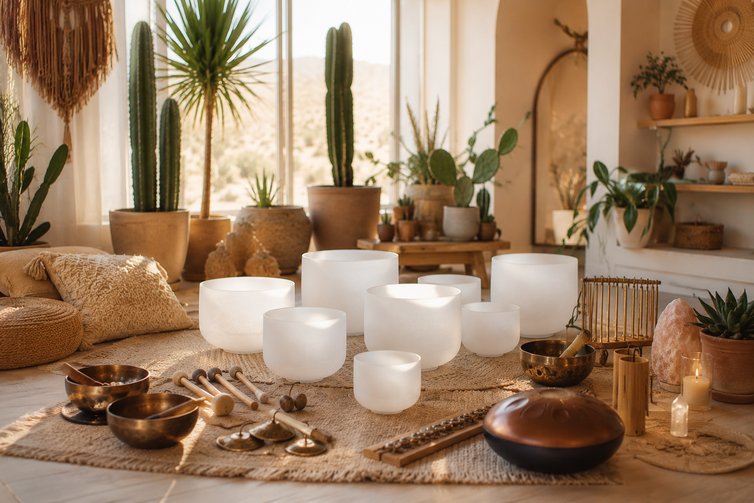Sunlit room with potted plants, including cactuses and succulents, decorated with woven mats and various light-colored ceramics and wooden objects, creating a cozy, natural ambiance.