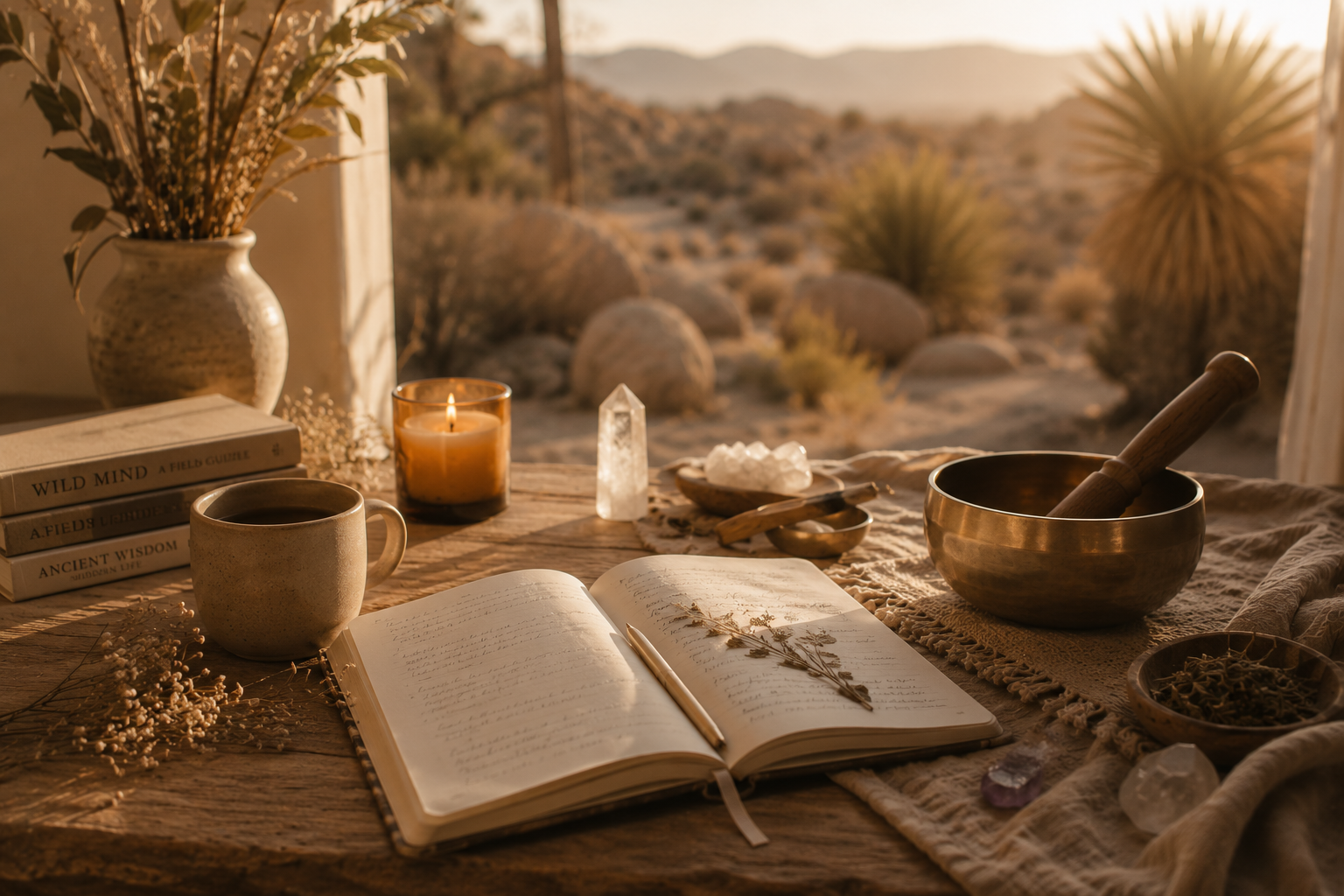 A cozy, rustic table setup with an open journal, a pen, a mug of coffee, a candle, books, a singing bowl with a pestle, dried herbs, crystals, and a potted plant, all set in a desert landscape at sunset.