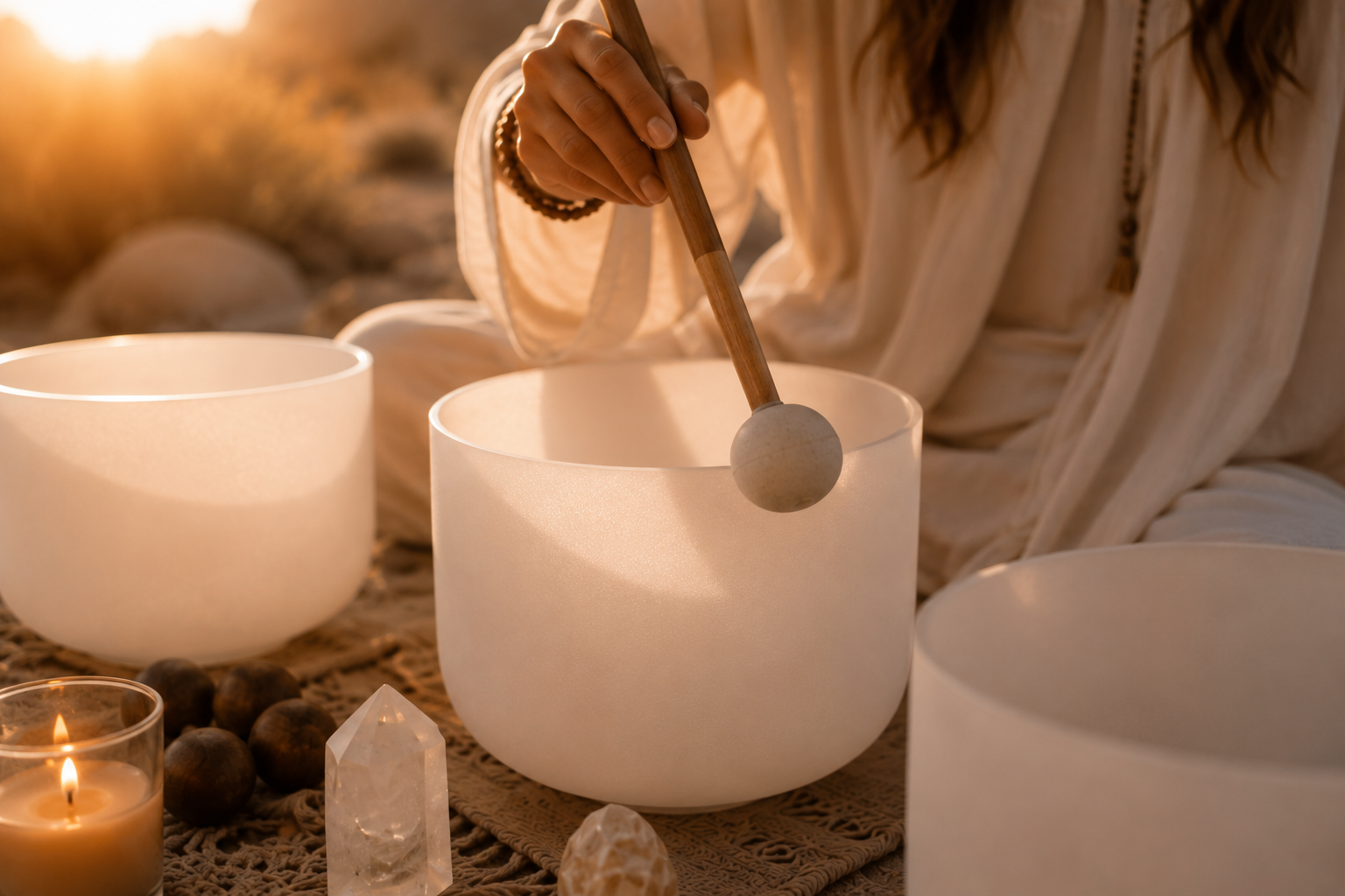 Person in white robe playing crystal singing bowl with mallet at sunset