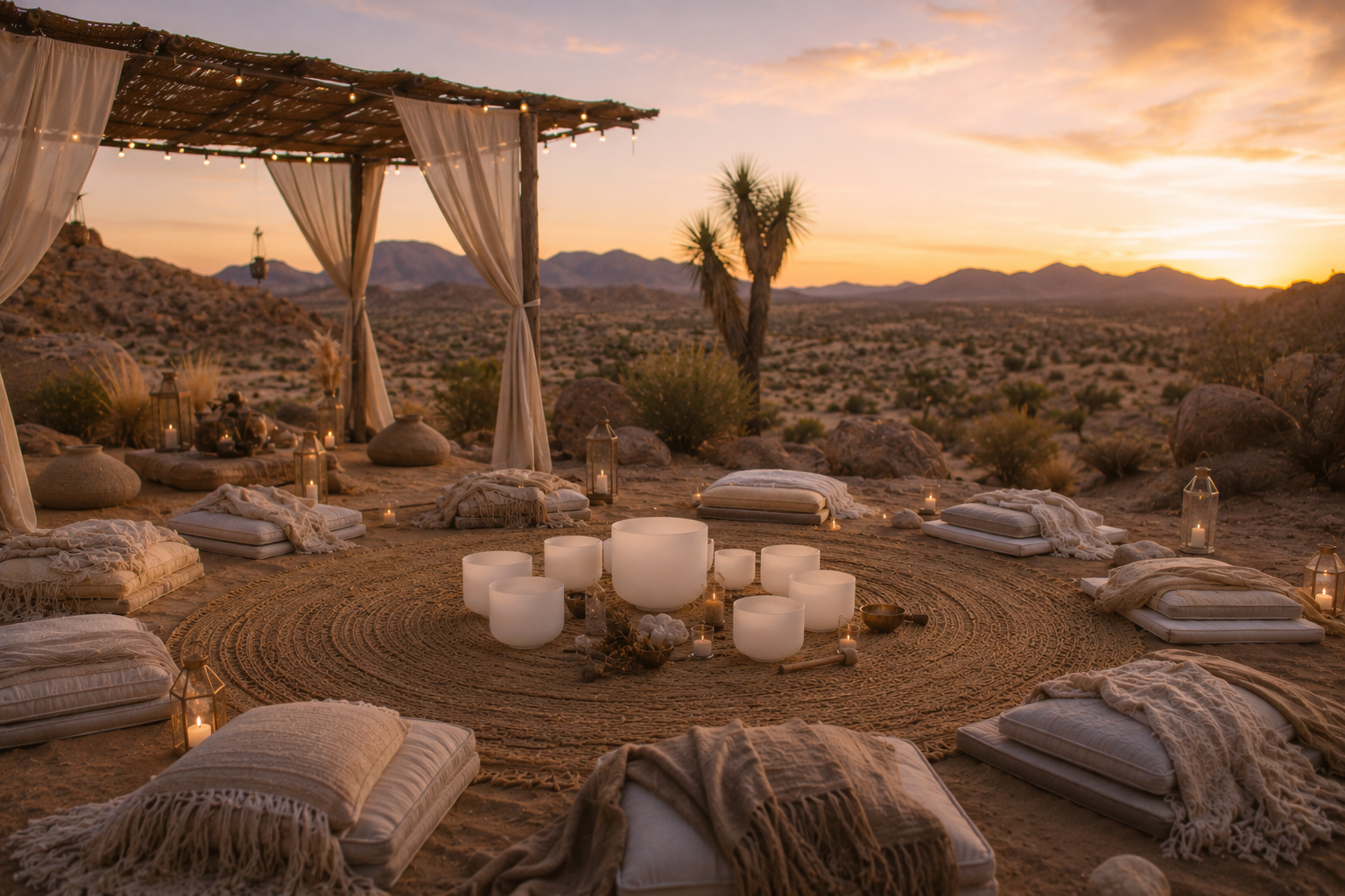An outdoor desert-themed setting at sunset with a canopy, cushions, candles, and musical instruments arranged on a large rug.