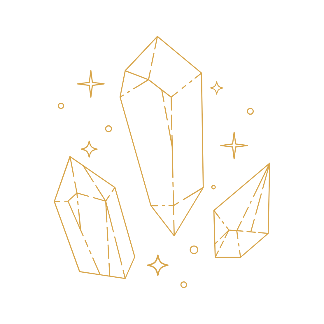 A digital illustration of three gold-colored crystals and star-like sparkles on a black background.