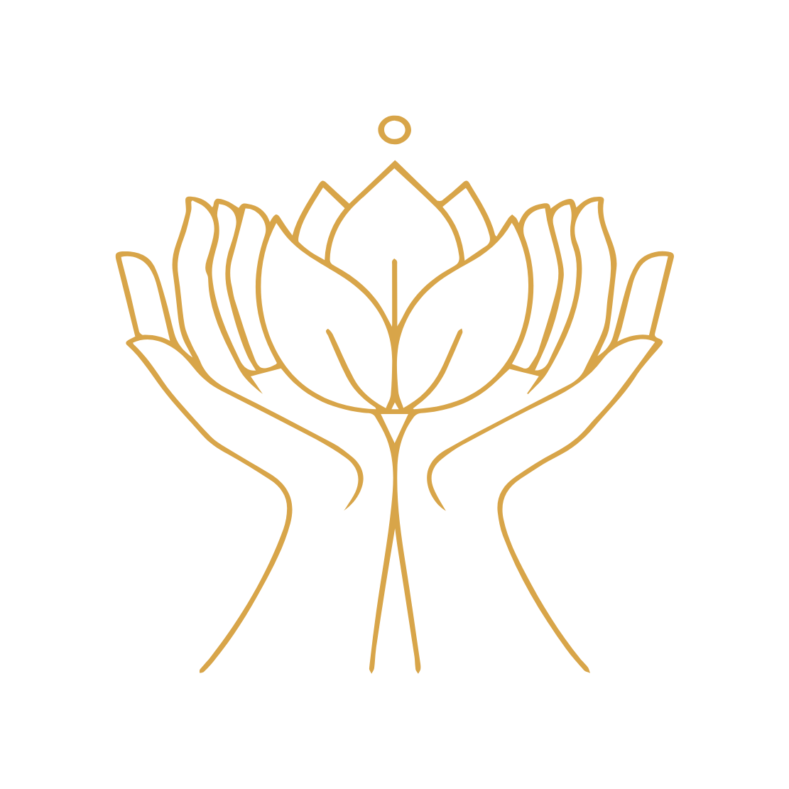 A minimalist gold line drawing of a pair of hands holding a blooming lotus flower on a black background.