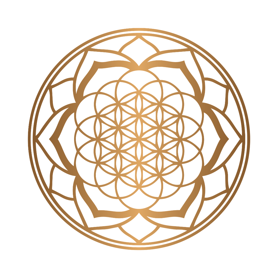 Gold geometric mandala design on black background.