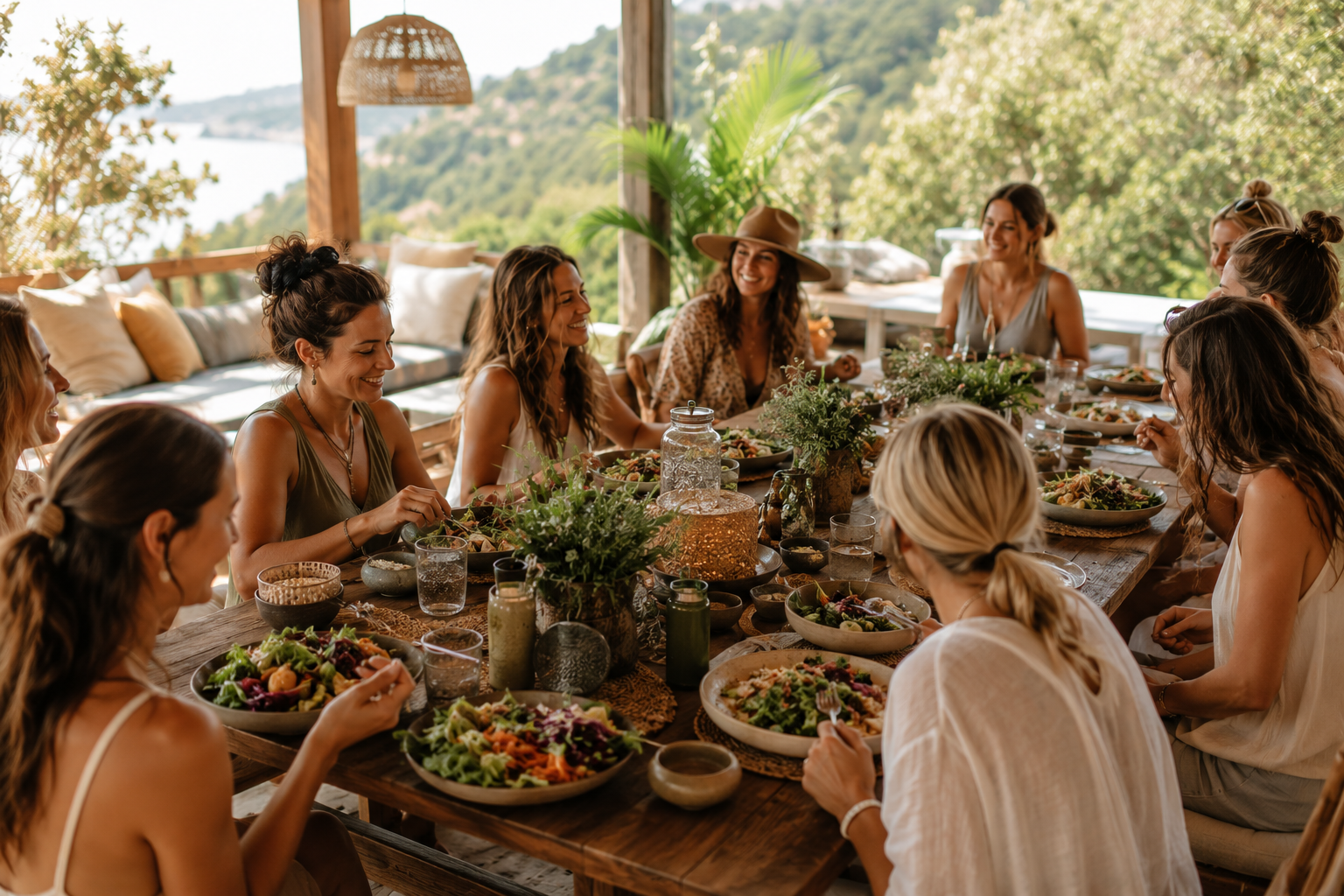 Women enjoying a meal together at a long outdoor table with salads, drinks, and decor, surrounded by greenery and scenic views.