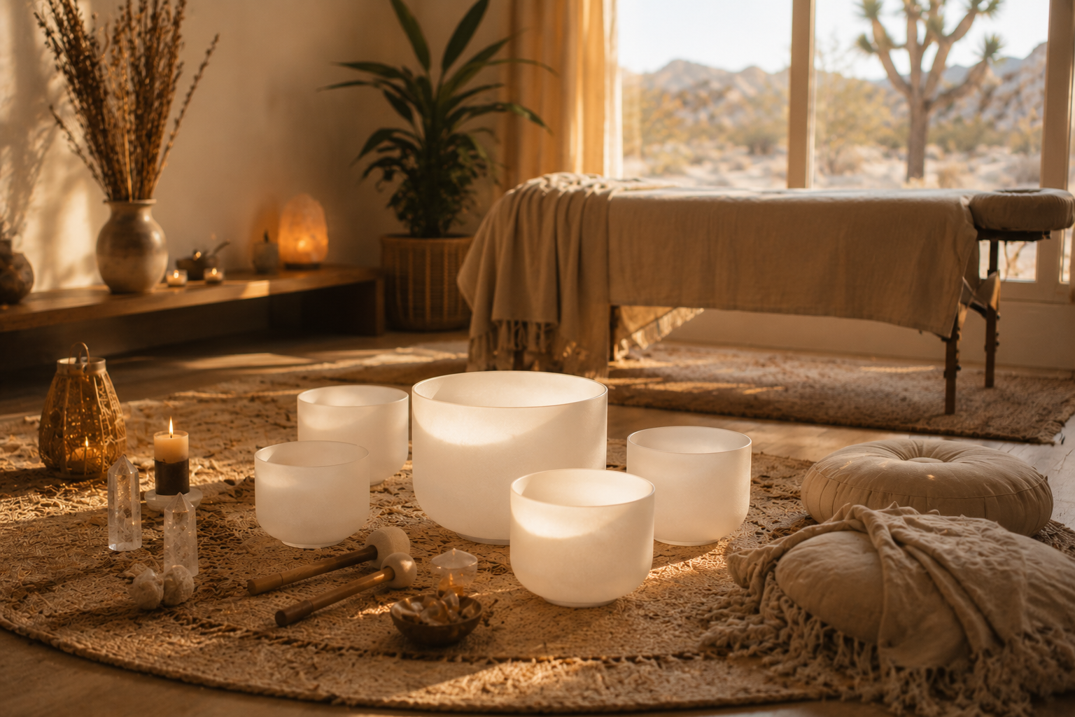 A cozy massage or yoga room with an assortment of singing bowls, candles, and decorative crystals on a woven rug. There is a massage table draped with a cloth near large windows with a desert landscape outside.