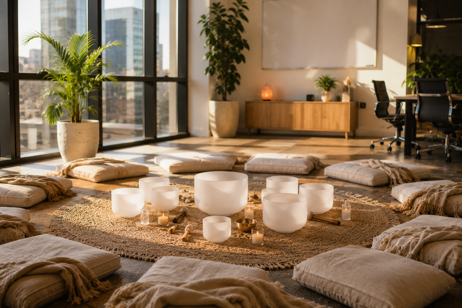 Sunlit modern office space decorated for meditation or mindfulness session with cushions on a rug, singing bowls, candles, and crystal stones