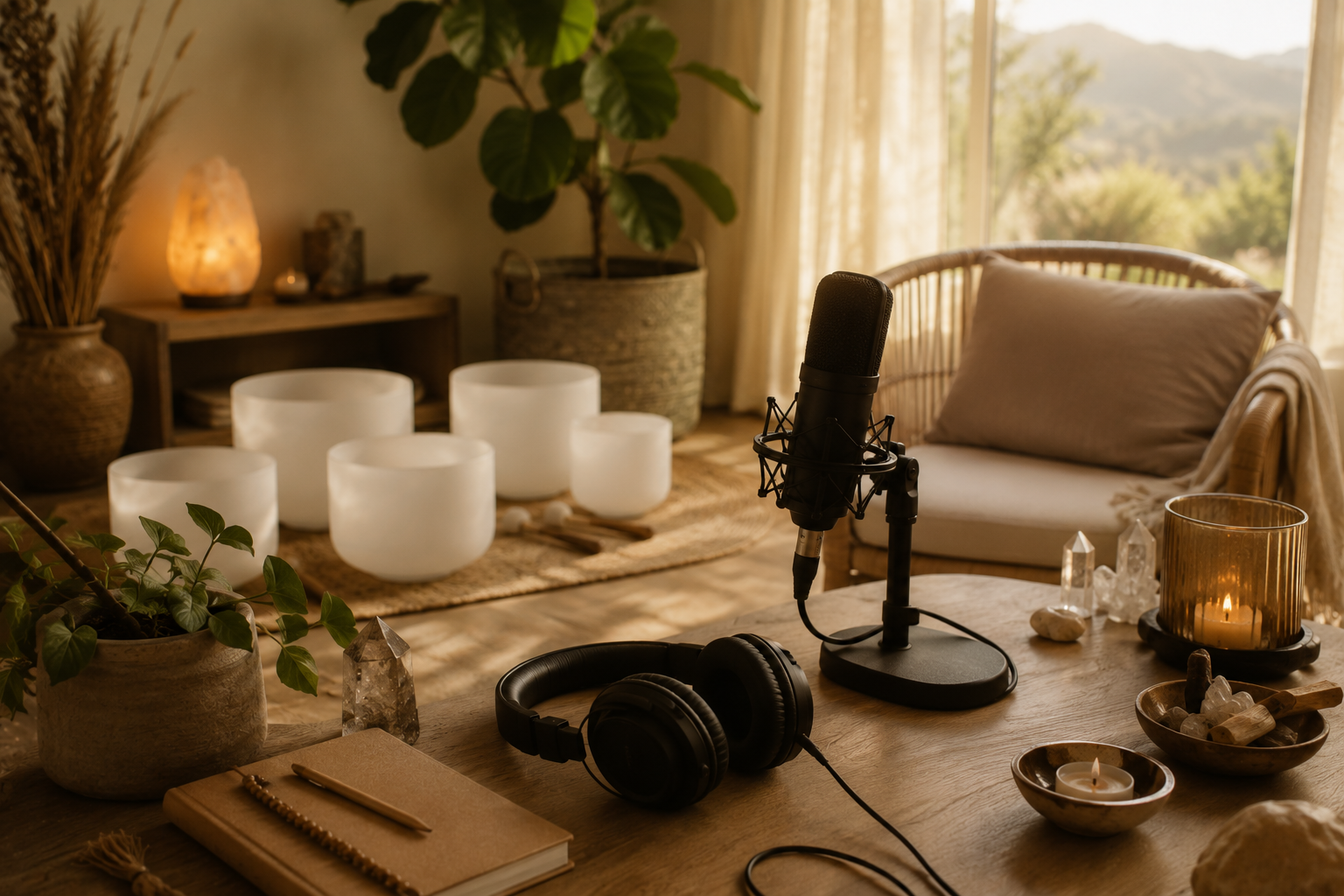 Recording studio setup with microphone, headphones, and crystal décor, cozy seating area with pillow, candle, and plants, natural light from window, and scenic outdoor view.