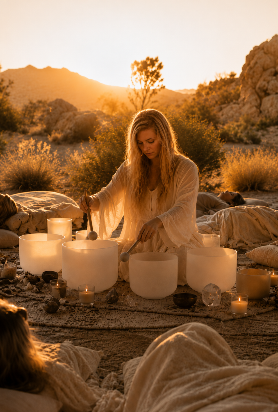 Woman in white dress conducting a sound bath with crystal singing bowls in a desert sunset, surrounded by people lying on pillows, candles, and earth-toned decor.