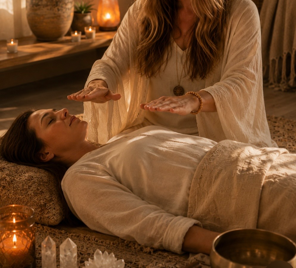 A cozy meditation or sound healing room with bowls, candles, and crystals on a rug, with a massage table by a window showing mountains and trees.