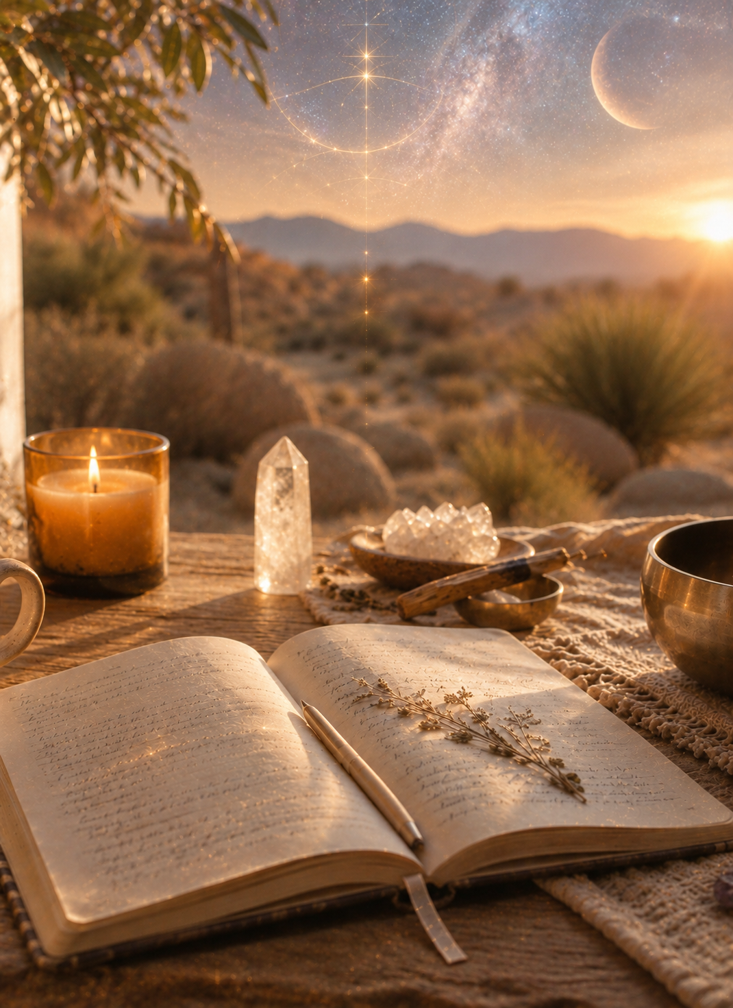 A cozy room with crystal singing bowls, candles, and soft lighting, set up for sound therapy or meditation, with a massage table and desert landscape visible outside the window.