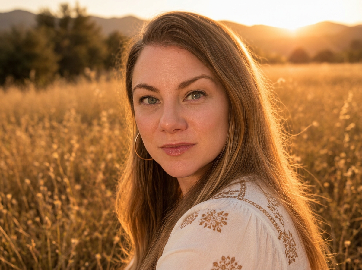 A woman with long blonde hair and hoop earrings standing in a field of tall grass at sunset.