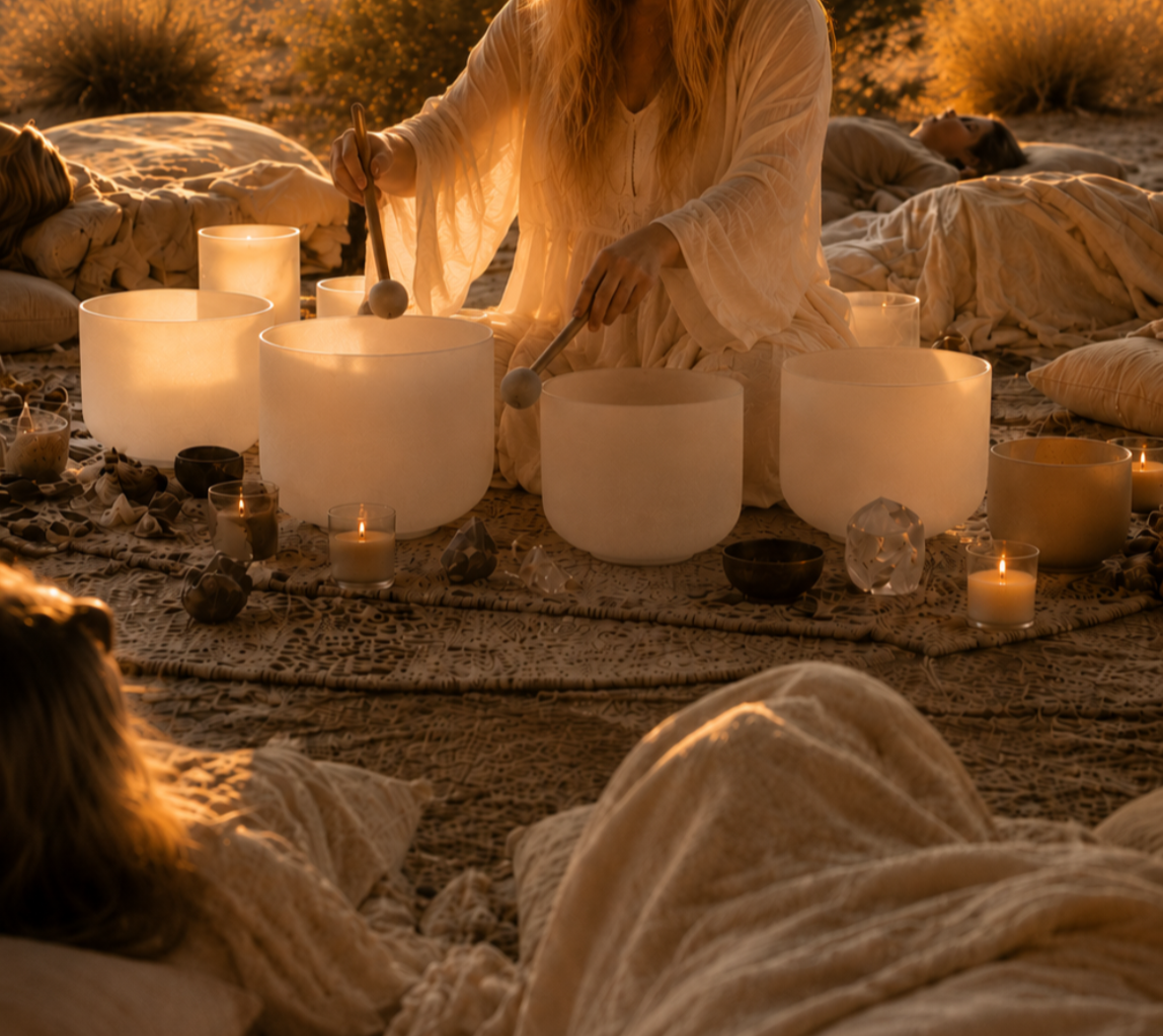Woman in white dress conducting a sound bath with crystal singing bowls in a desert sunset, surrounded by people lying on pillows, candles, and earth-toned decor.