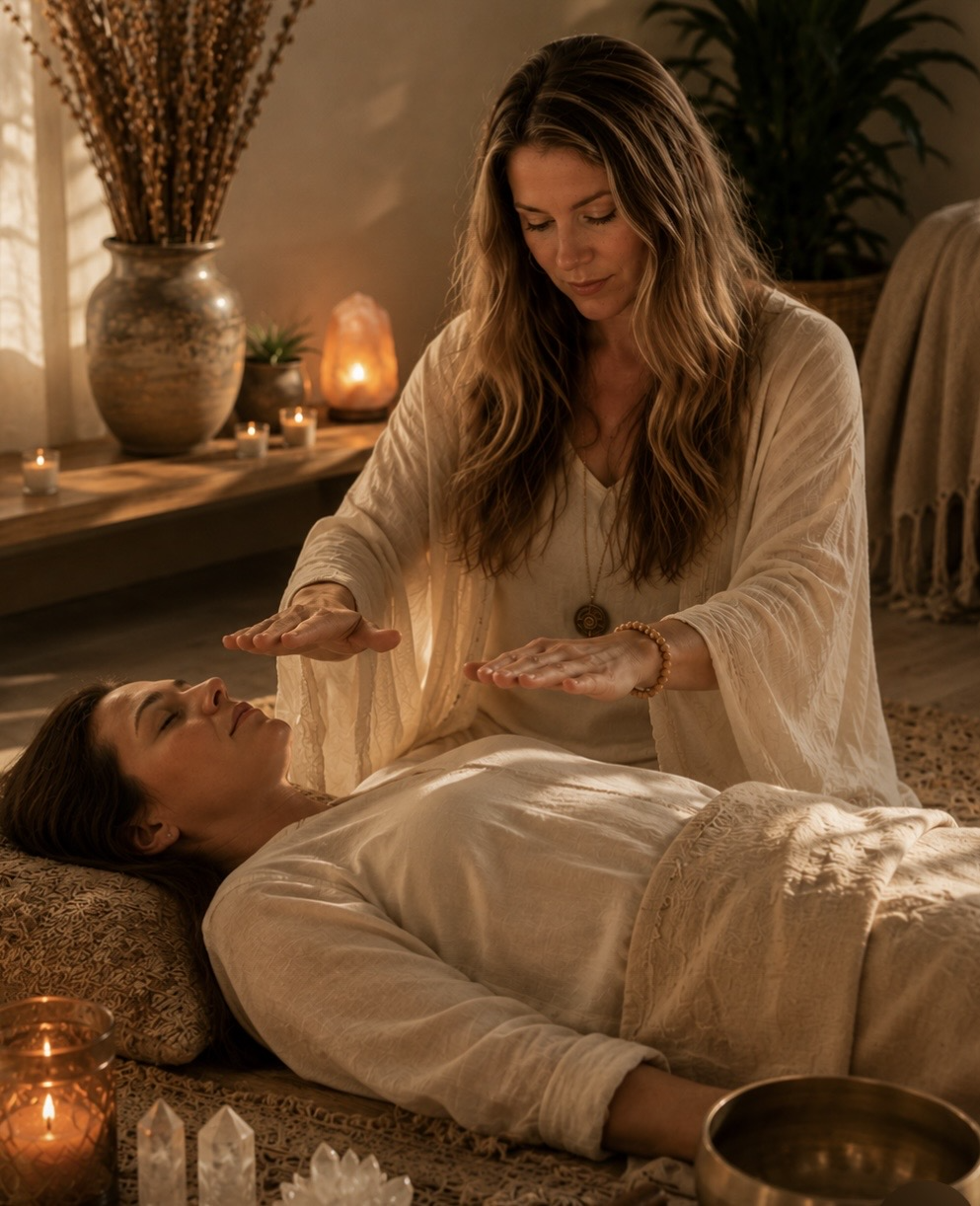 A cozy meditation or sound healing room with bowls, candles, and crystals on a rug, with a massage table by a window showing mountains and trees.