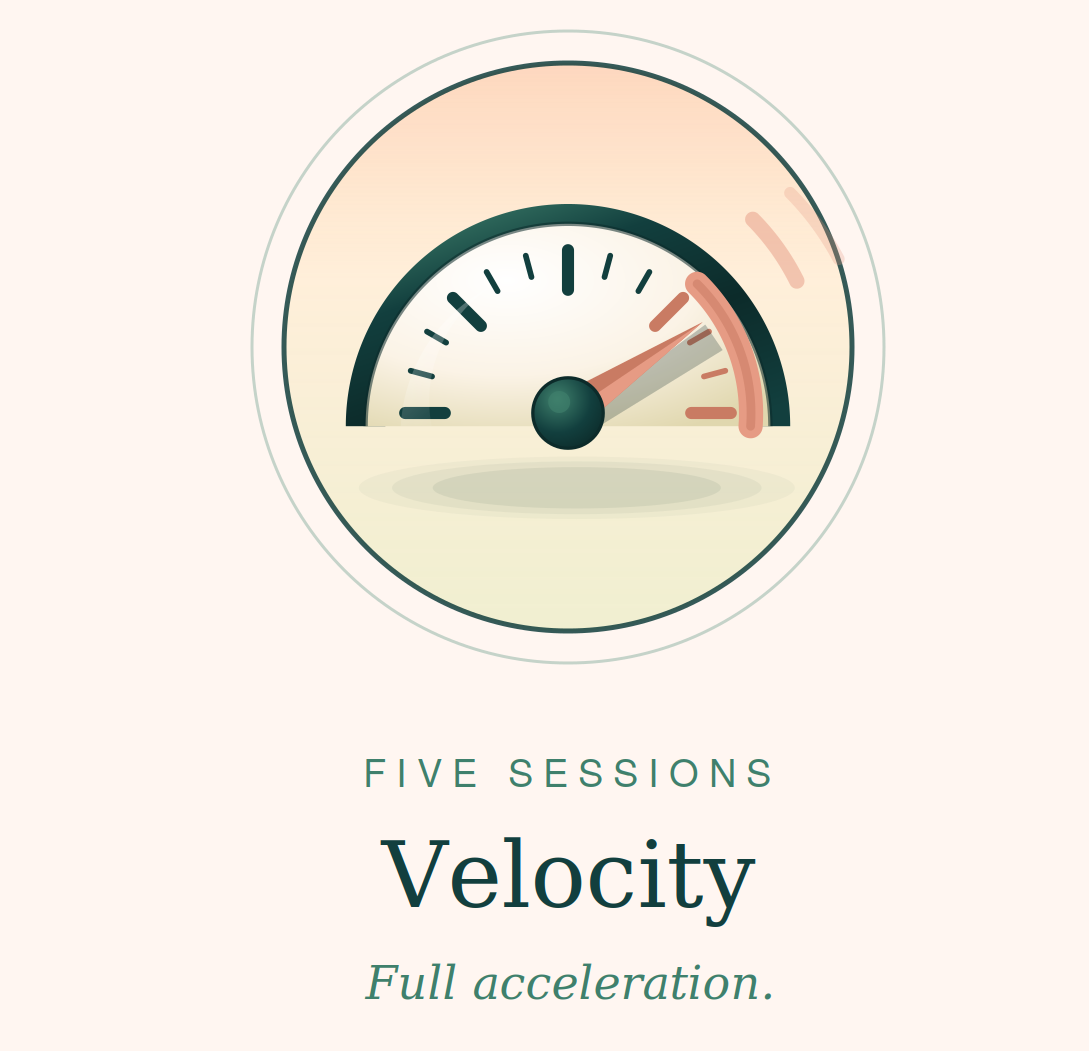 A gauge showing a high velocity level, with the needle near the red zone, and the text 'Five Sessions Velocity Full acceleration'.