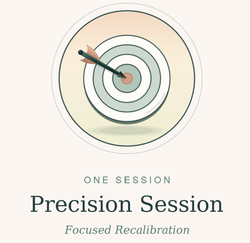 A target with concentric circles and a dart hitting the bullseye, accompanied by text indicating one session of precision-focused recalibration.