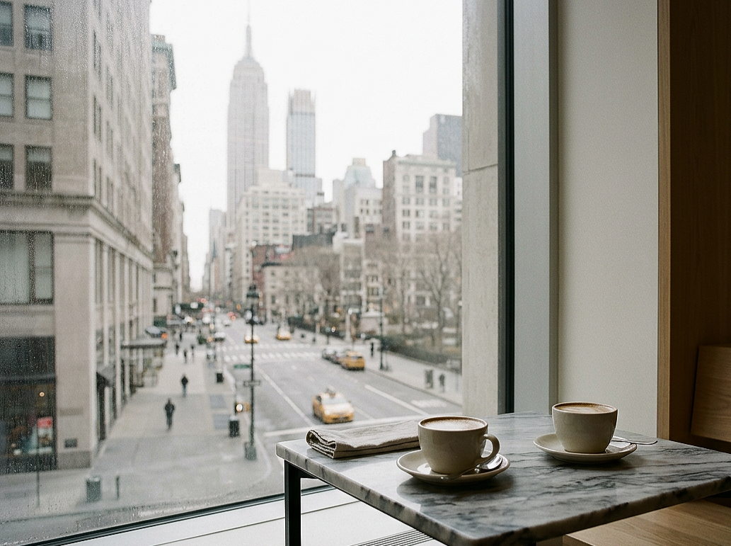Two cups of coffee on a table near a large window overlooking a city street with buildings and yellow taxis.