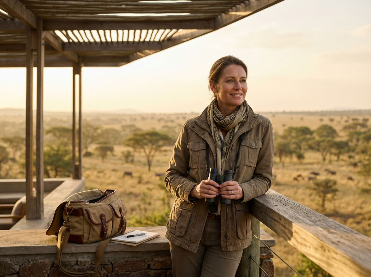 A woman stands on a wooden observation deck in a savannah, holding binoculars and looking into the distance, with a notebook and bag on the bench nearby, during sunset.