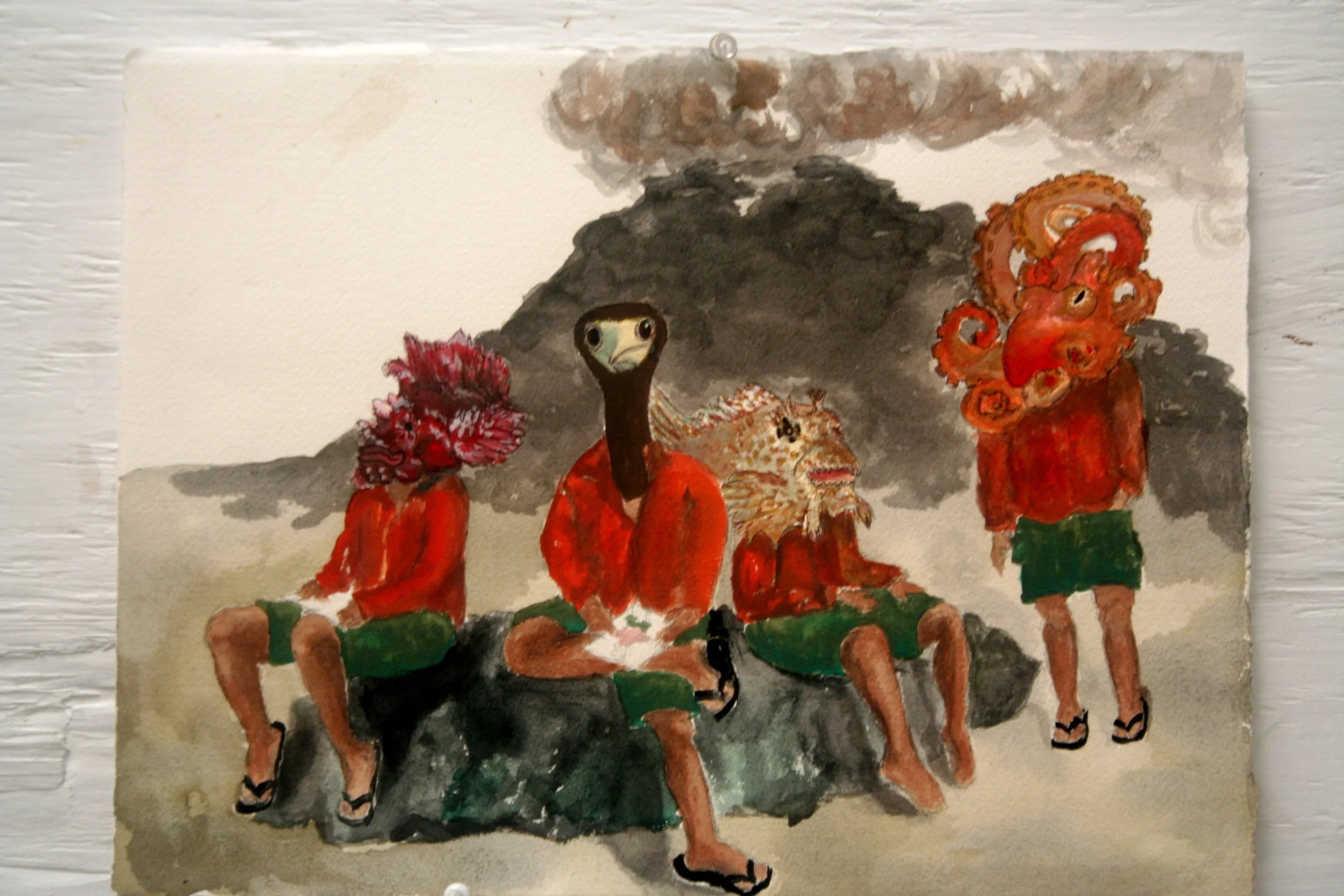 Colorful painting of a group of animals with human-like features, including a dodo, a scorpion fish, an octopus, standing together on a grassy area with rocks, against a gray and brown volcano.
