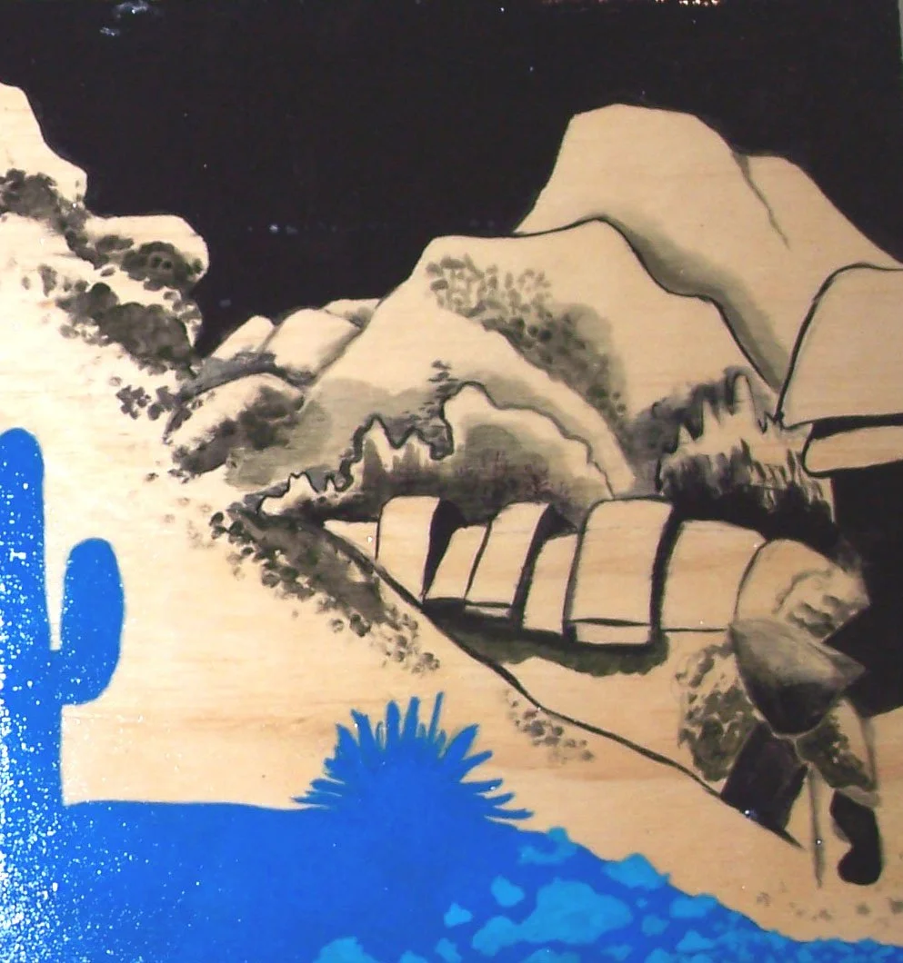 A traditional Japanese-style ink painting depicts mountains, trees, and a river, with a blue textured element at the bottom left corner.