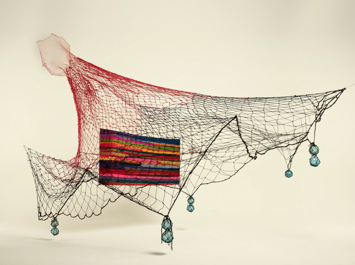 A decorative hanging piece made of black wire shaped like a fishing net with blue beads hanging from it, featuring a colorful rectangular textile in the center, and a large red mesh attached at the top.