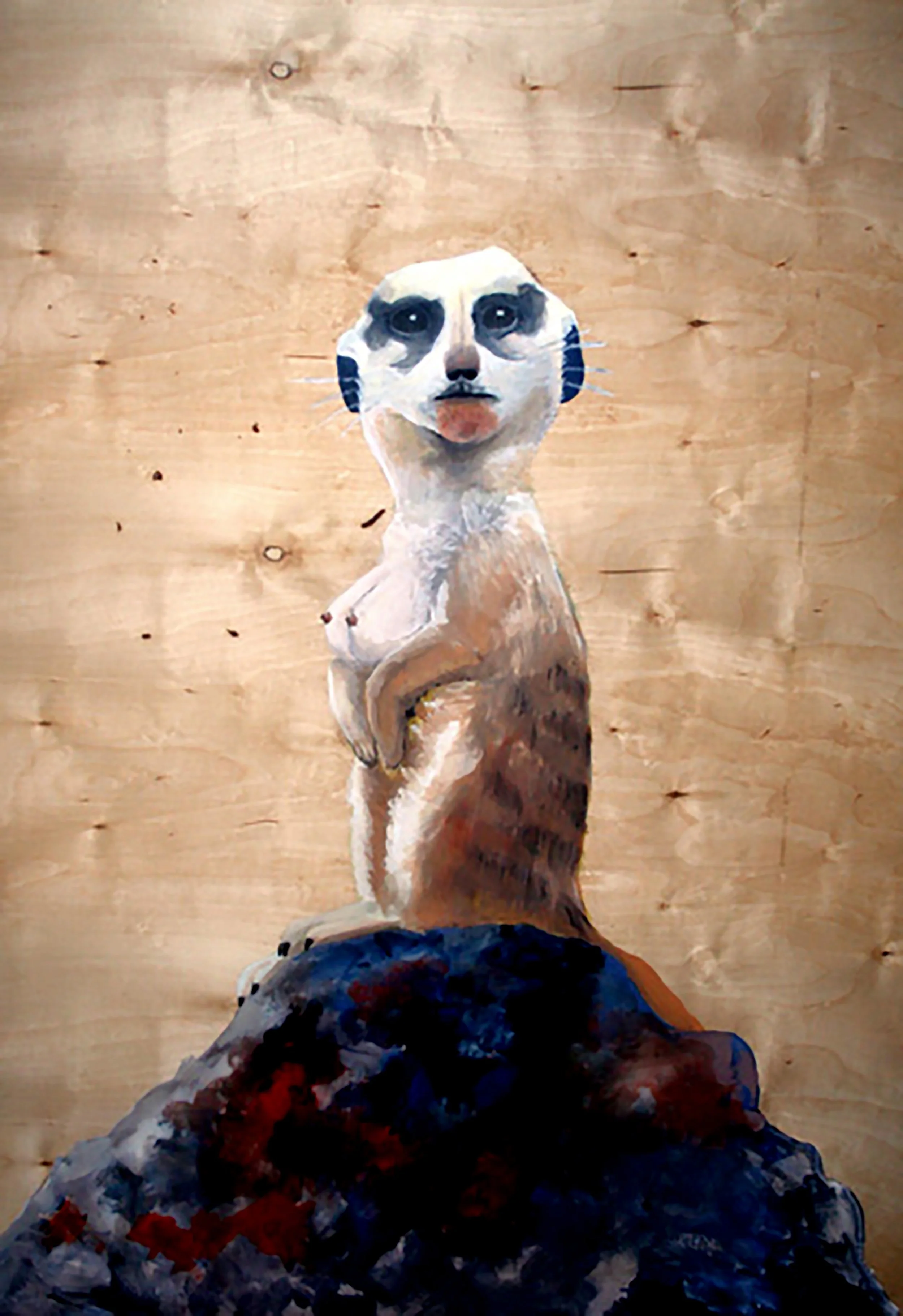 A painting of a meerkat with a human chest, sitting on a hill against a wooden background.