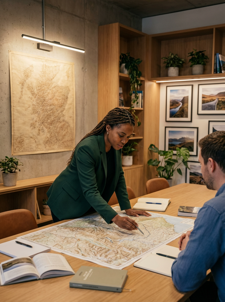A woman in a green blazer points at a large topographical map spread out on a wooden conference table, with a man seated across from her. The table holds notebooks, pens, and an open book. The room has framed landscape photos on the wall and potted plants on wooden shelves, with a concrete wall and a map hanging on it.