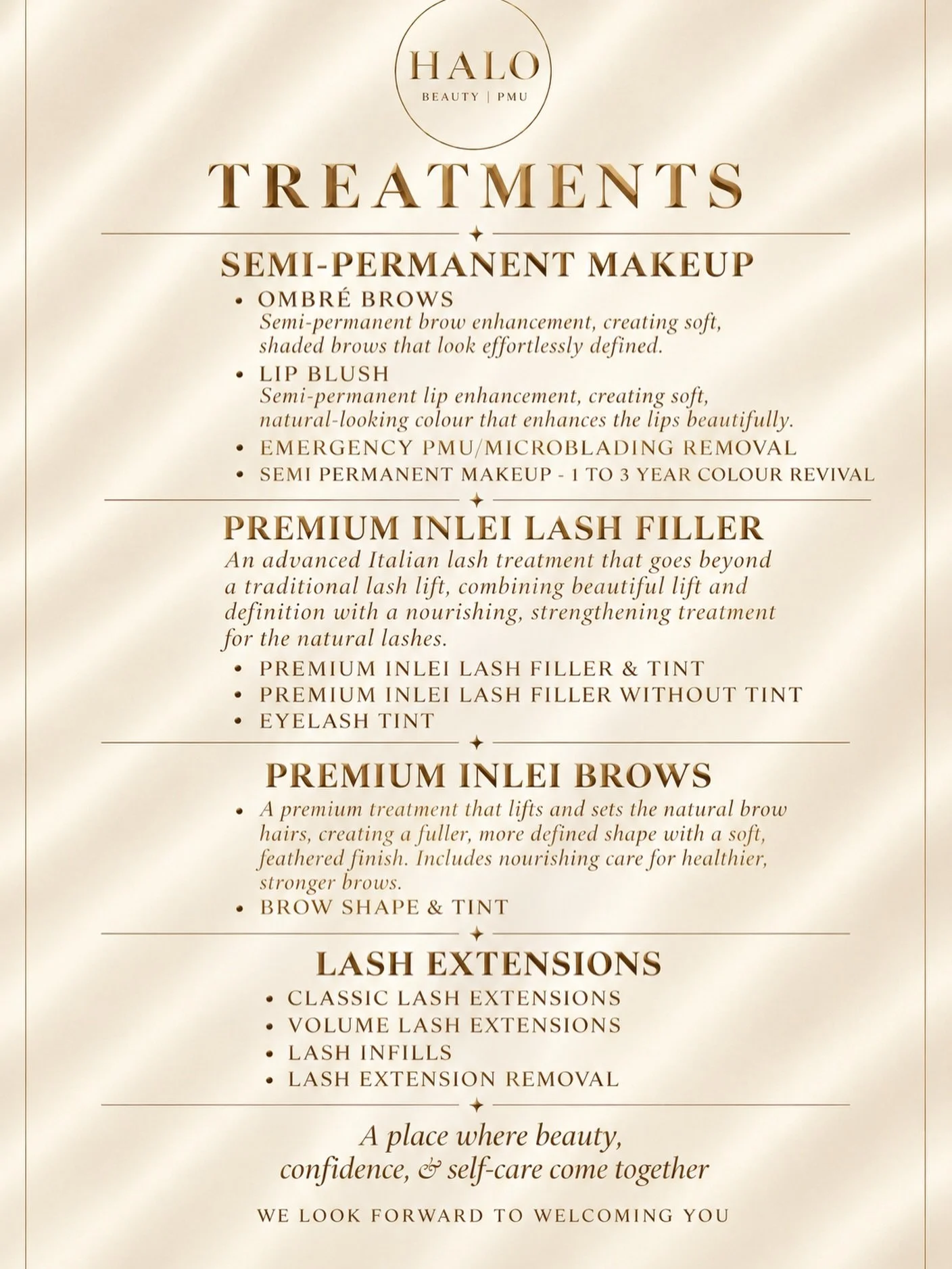 ✨ Halo Beauty Treatment Menu ✨ 

Specialising in Semi-Permanent Makeup &amp; Premium Beauty Treatments 🤍

Enquiries &amp; Bookings - Link in Bio ✨#Oxford #Oxfordshire #semipermanentmakeup #beautytreatments #garsington