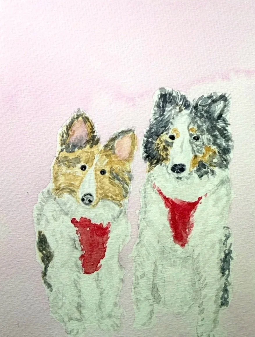 Watercolor painting of two dogs, one with a tan and white coat and the other with a black, white, and tan coat, both wearing red bandanas on a light pink background.