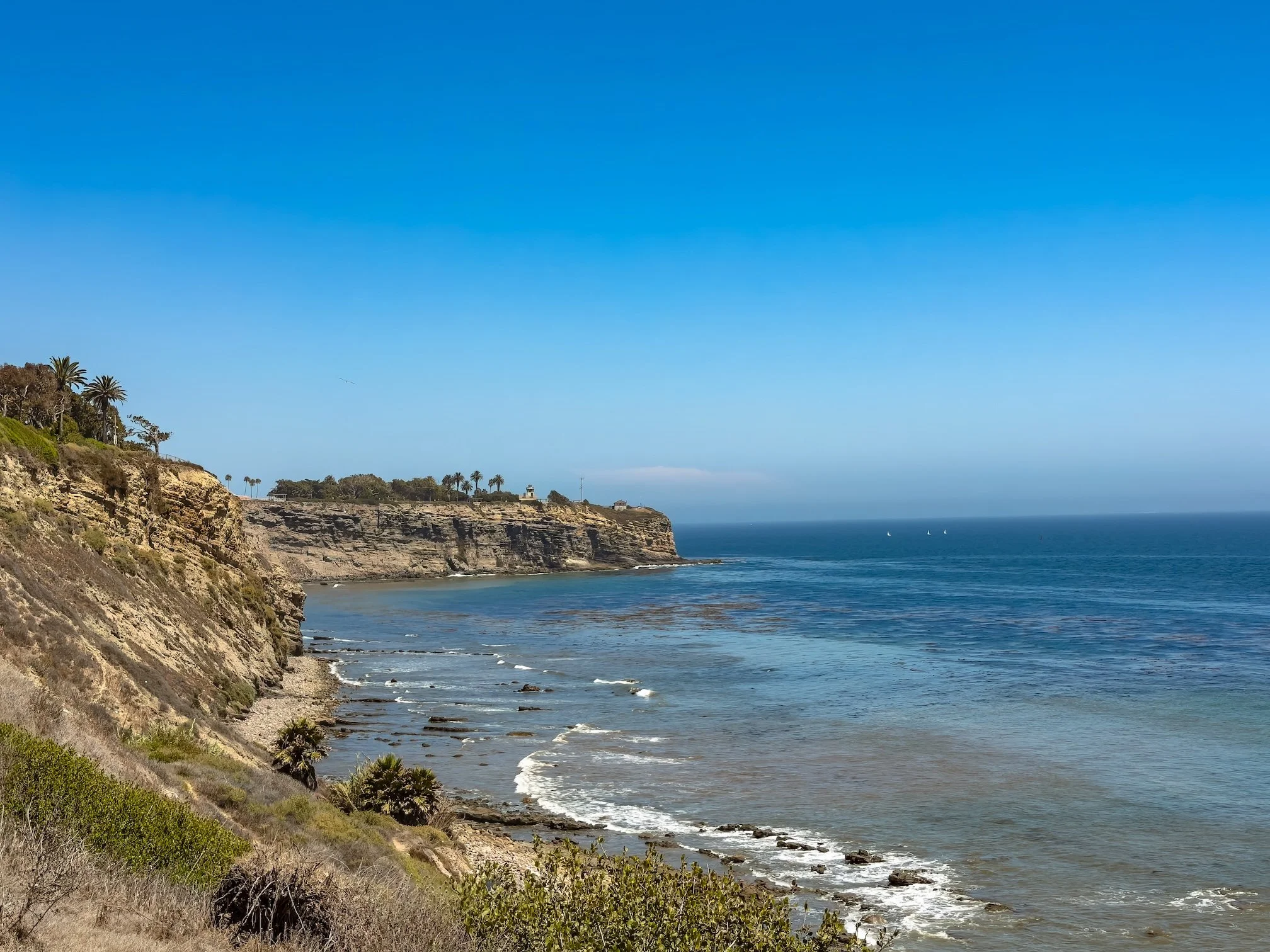 Coastal cliffs with palm trees, rocky shoreline, and sailboats on the ocean under a clear blue sky.