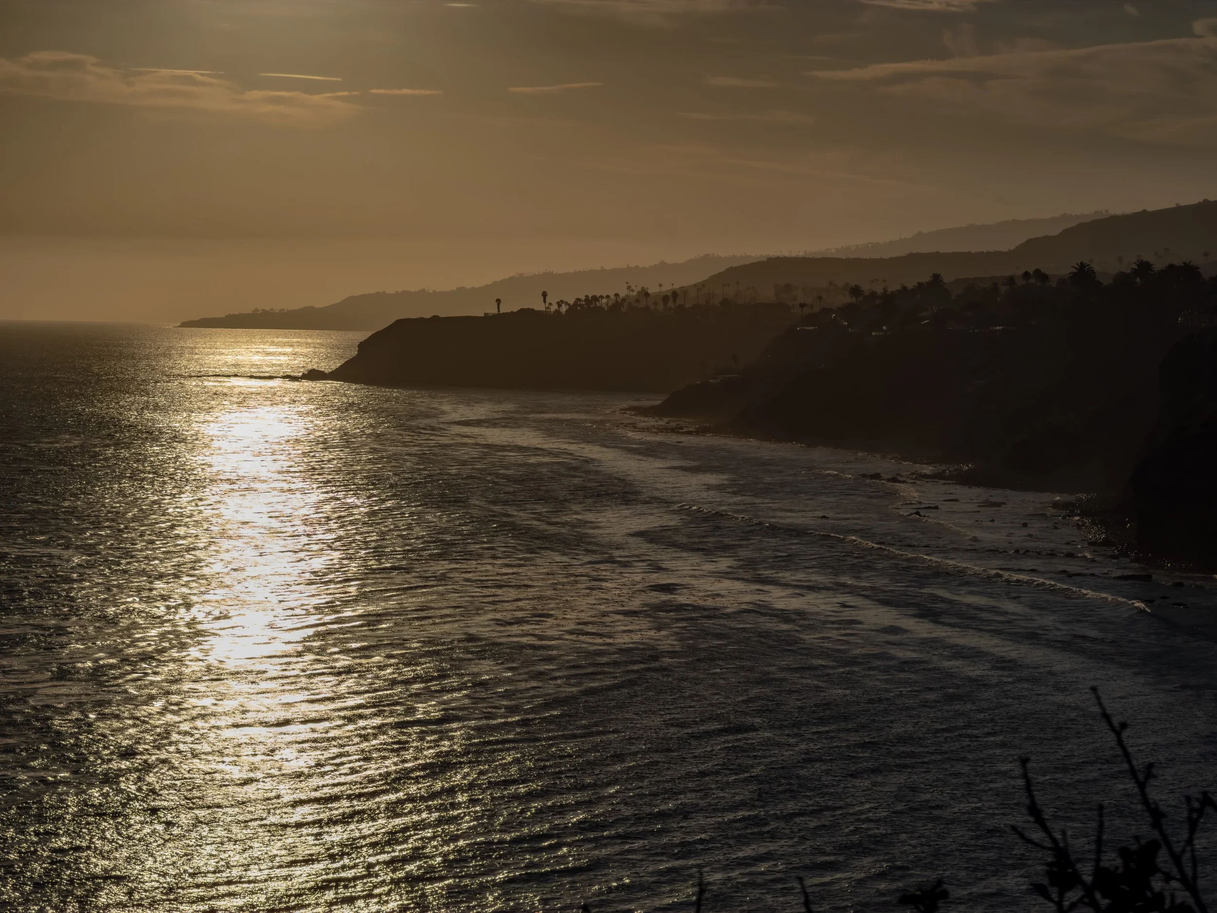 Sun setting over the ocean with cliffs and palm trees in the distance, reflected on the water's surface.
