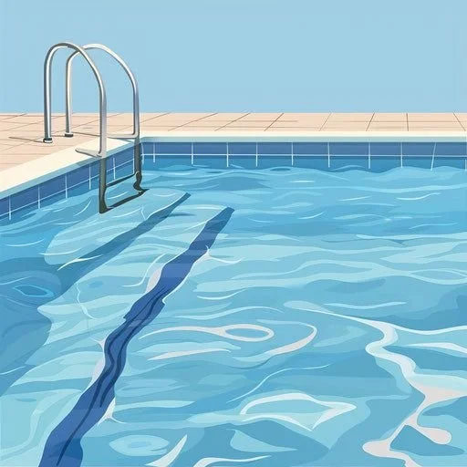 Empty swimming pool with metal handrails and tiled deck, water rippling inside the pool.