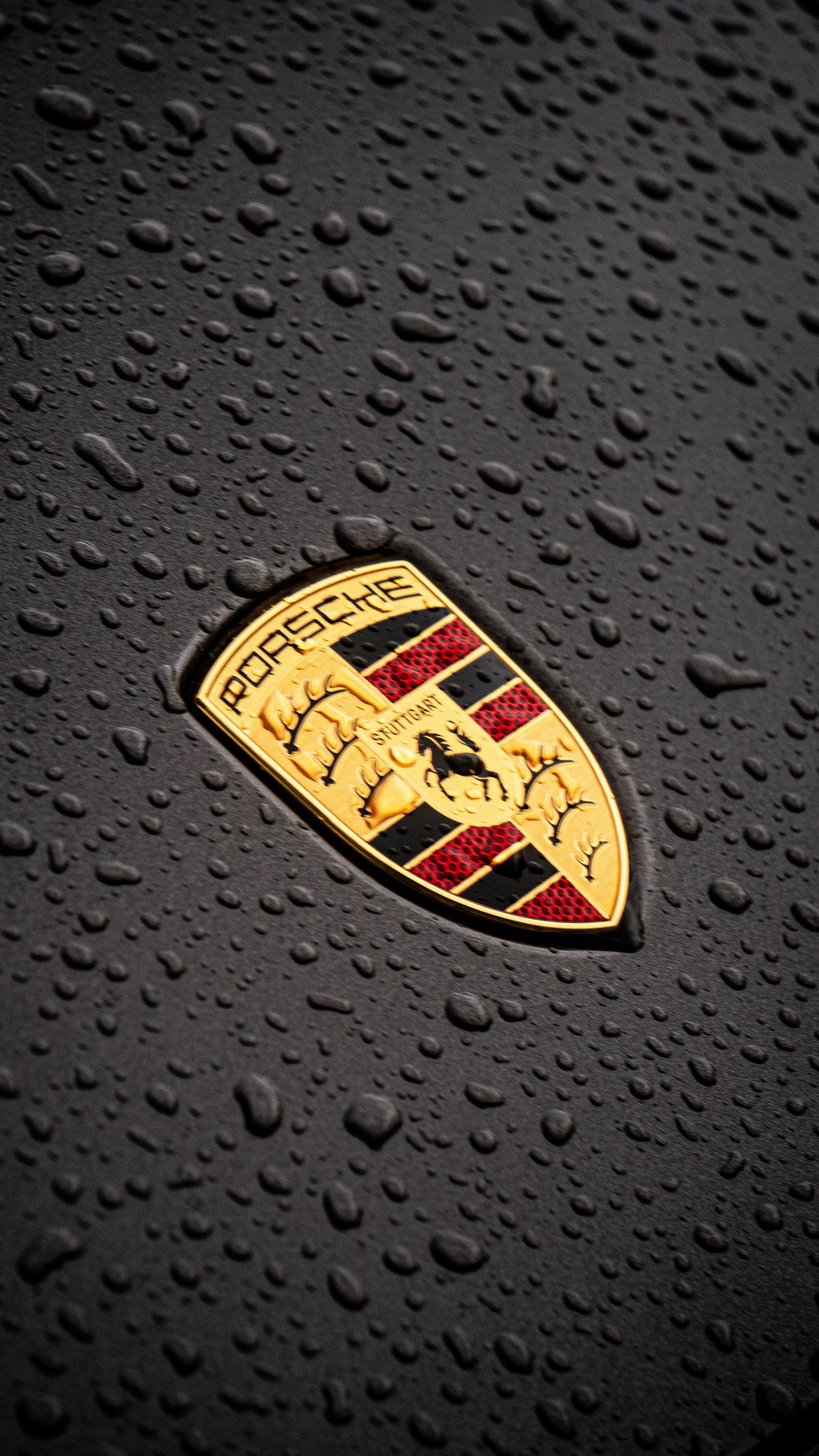 Close-up of a Porsche emblem on a black car with water droplets on its surface.