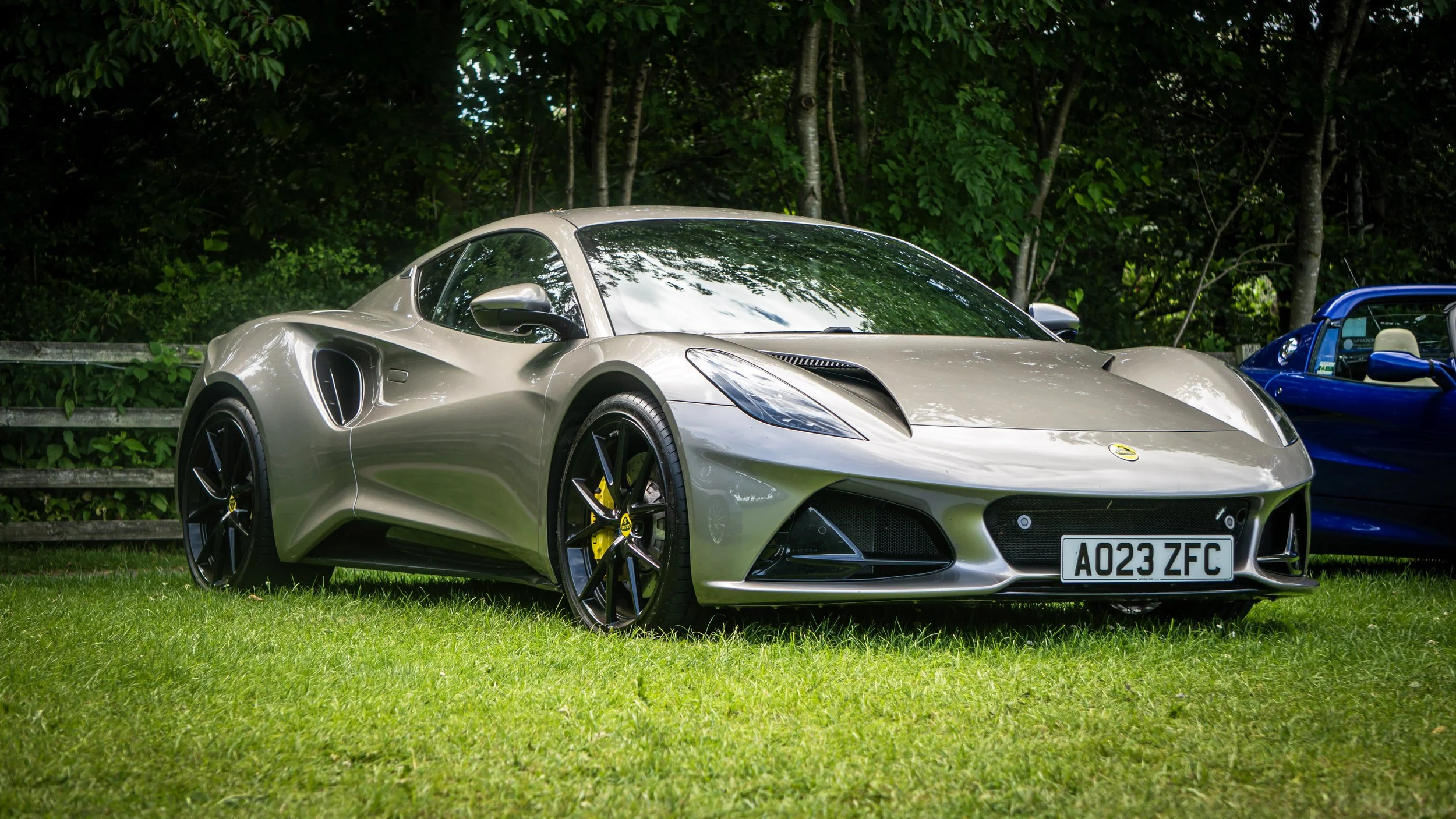 A silver luxury sports car parked on grass, with a dark blue car in the background and trees behind them.