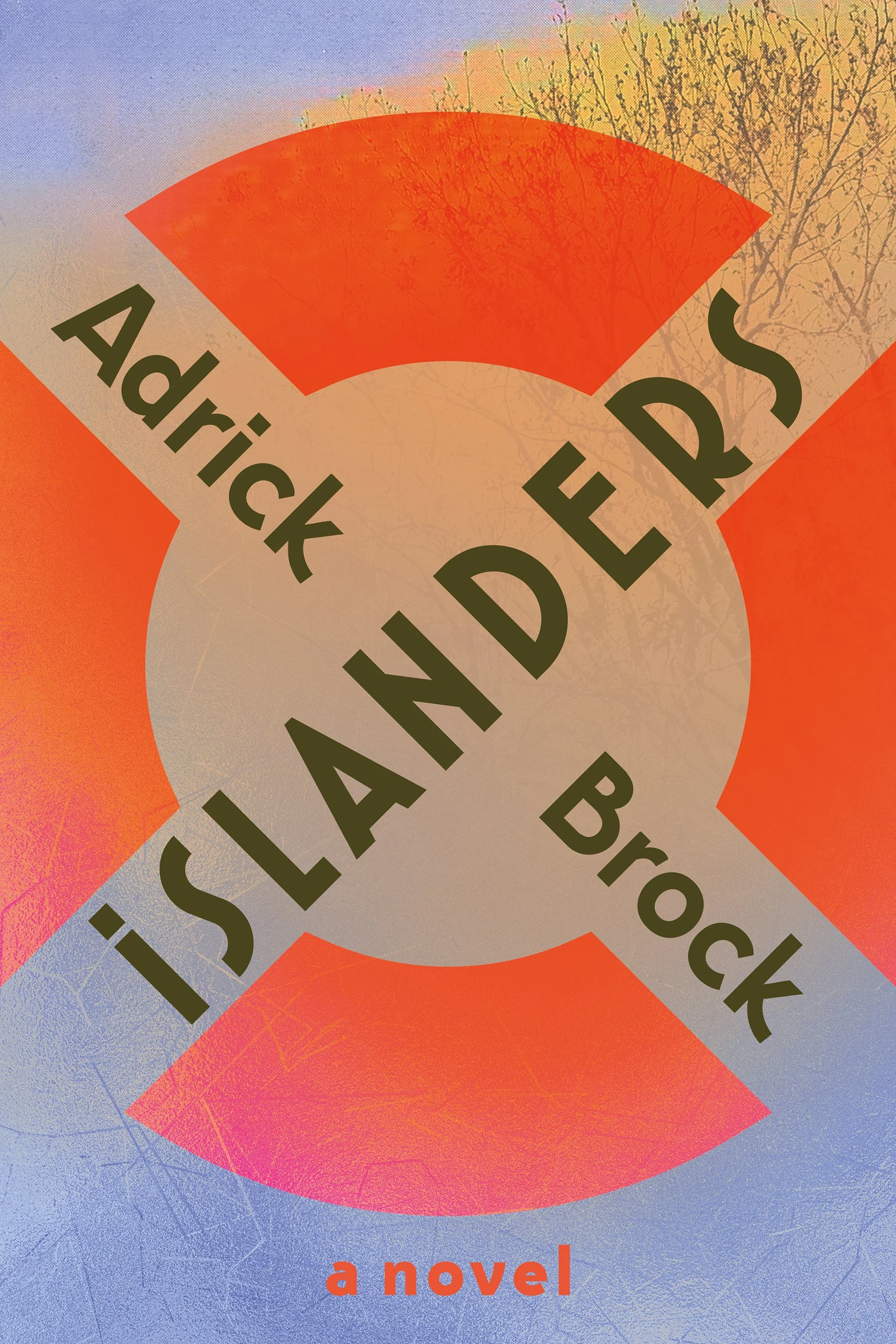 Book cover with colorful background and a large red and orange abstract shape. Text reads 'Adrick Brock: Islanders.'