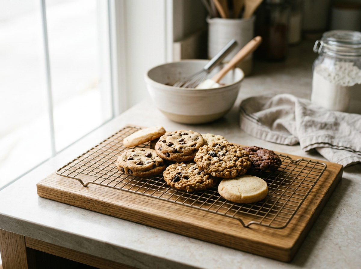 Cookies on a wire cooling rack on a wooden board on a marble countertop, with a bowl of utensils, glass jar of flour, and kitchen towels in the background.