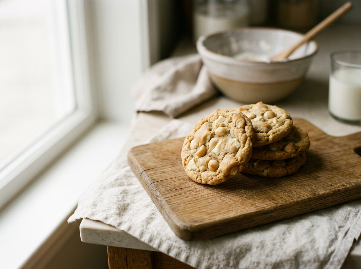 Stack of white chocolate macadamia nut cookies on a wooden cutting board next to a bowl of dough, a glass of milk, and baking utensils on a kitchen counter.
