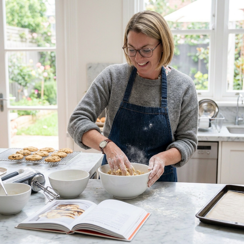 A woman wearing glasses and a gray sweater, with a blue apron, smiling while baking cookies in a bright kitchen with large windows. She is mixing dough in a white bowl on a marble countertop, with cookie sheets and baking ingredients around her.