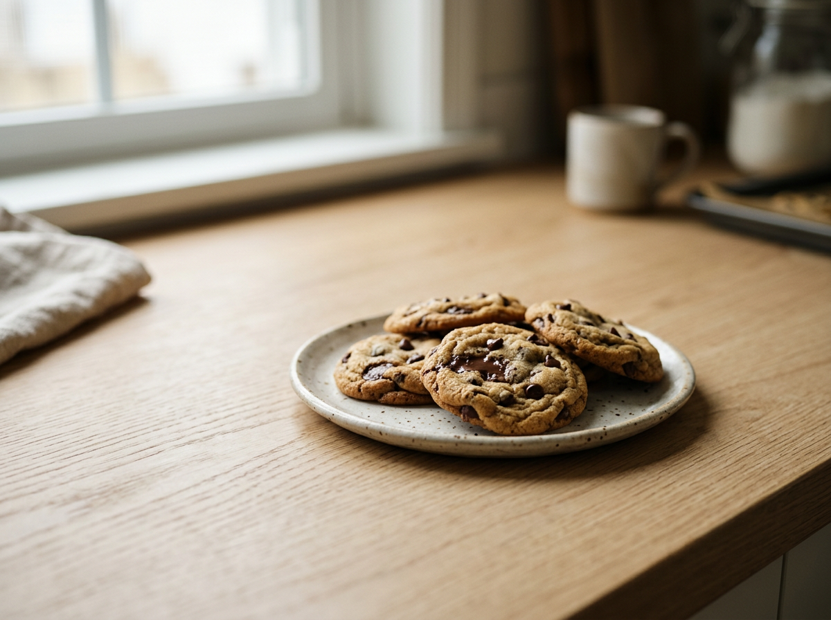 Five chocolate chip cookies on a white ceramic plate on a wooden countertop near a window.