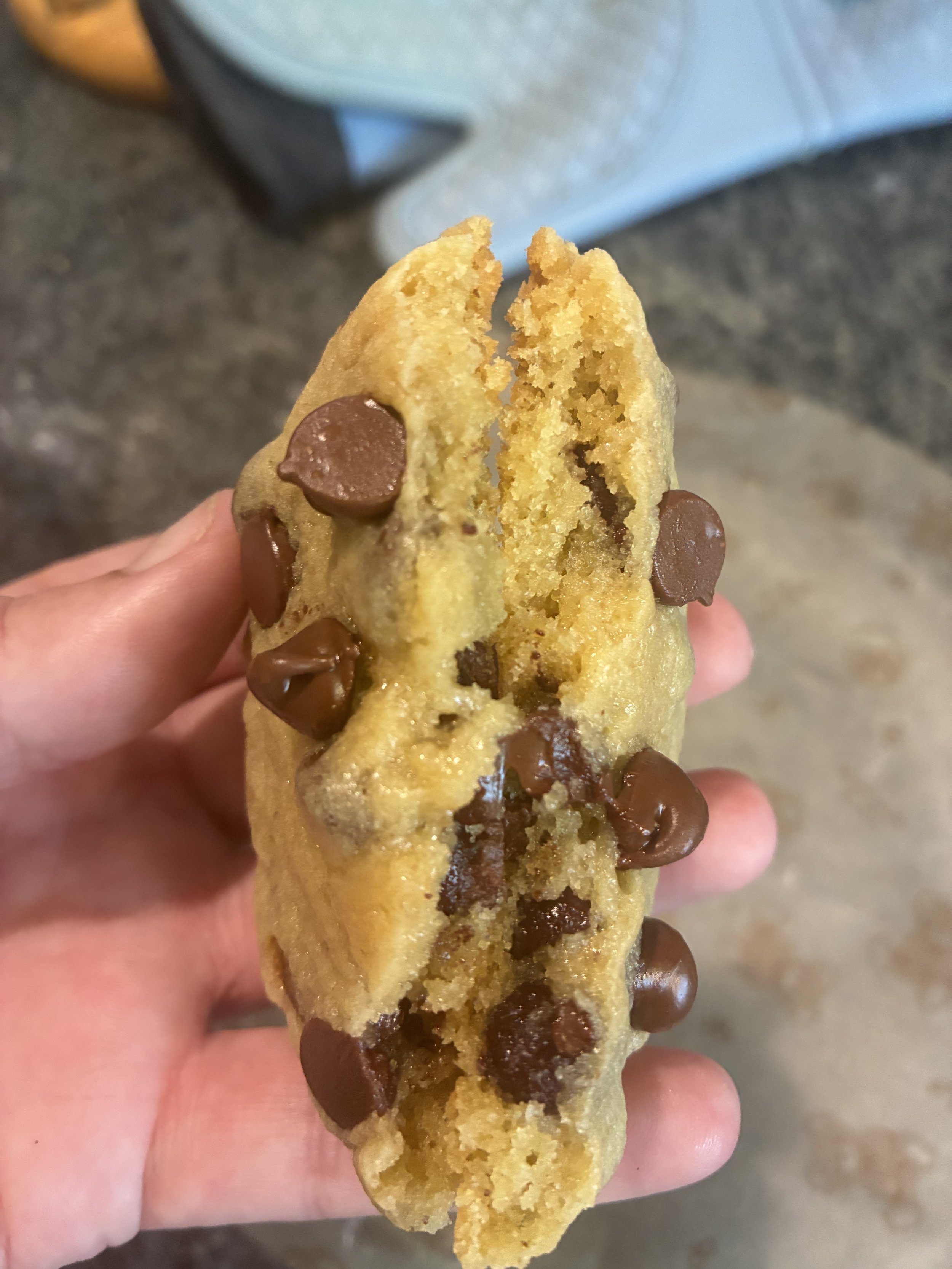 Close-up of a partially eaten chocolate chip cookie with melted chocolate chips, held in a person's hand.