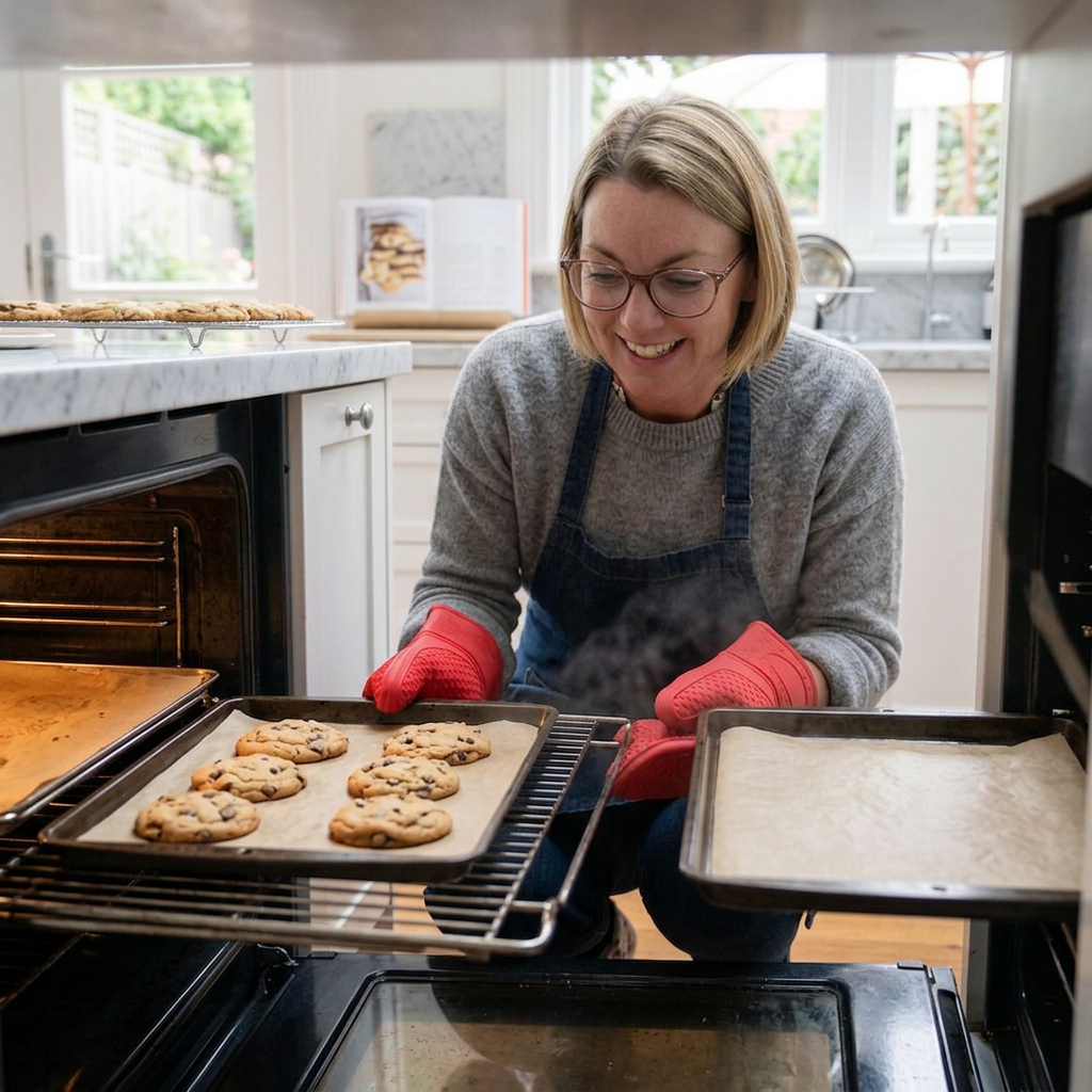A woman with glasses and a gray sweater removing a tray of freshly baked chocolate chip cookies from the oven in a bright kitchen.