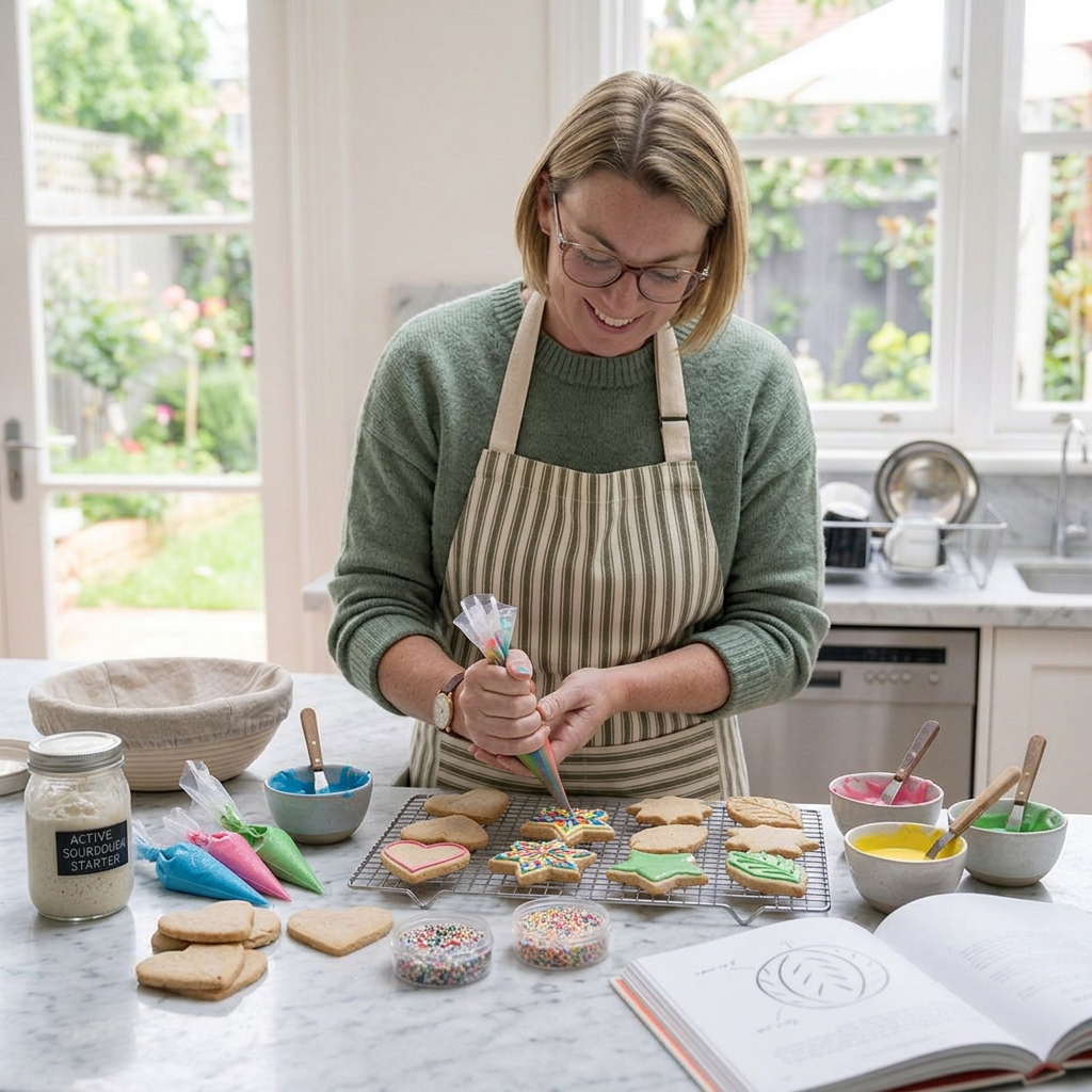 Woman wearing glasses and an apron decorating cookies with colorful frosting and sprinkles in a bright kitchen.