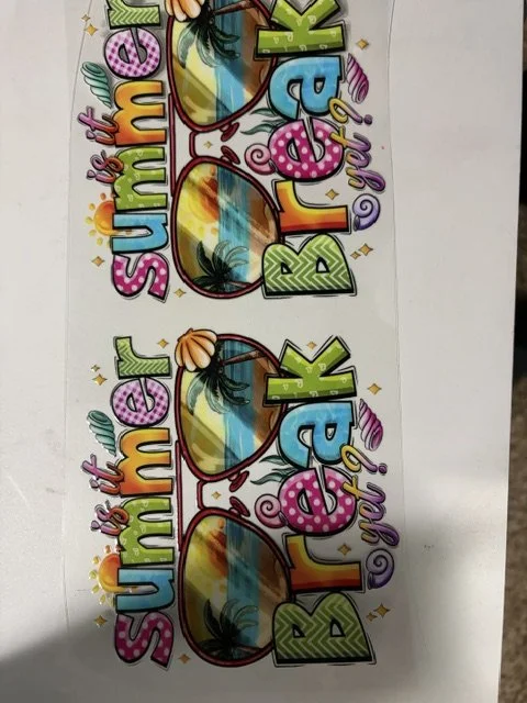 Colorful sticker with the phrase "Summer is the best, right?" featuring sunglasses with a sunset beach scene in the lenses and playful decorative elements.
