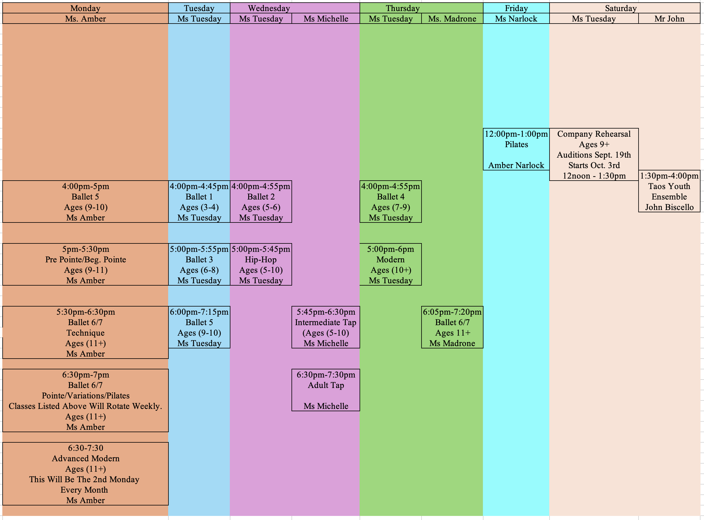 Weekly schedule of dance classes divided by days of the week with different color codes. Classes include ballet, pointe, jazz, hip-hop, adult tap, advanced modern, pilates, and auditions, with times, age groups, and instructor names specified.